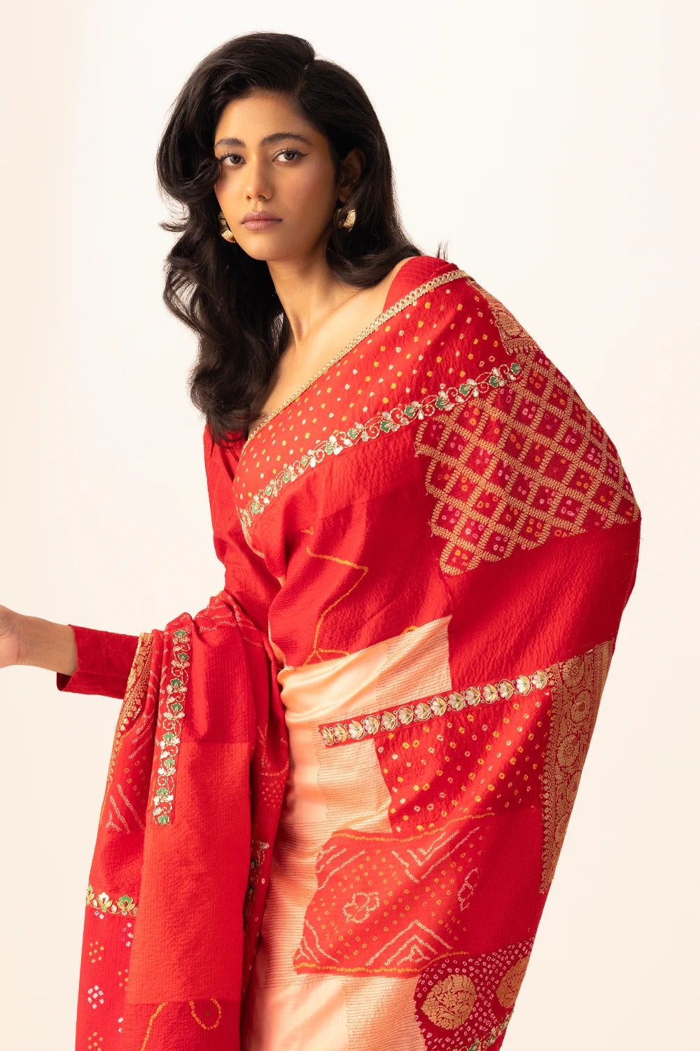 Red Bandhani Patchwork Saree