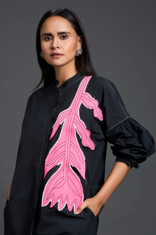 Black Oversized Floral Patch Shirt Dress