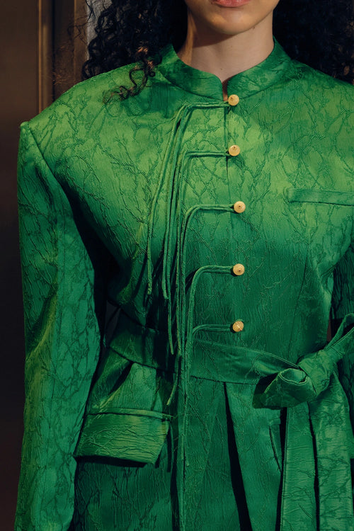 Emerald Green Jacquard Belted Jacket & Mini Skirt Set