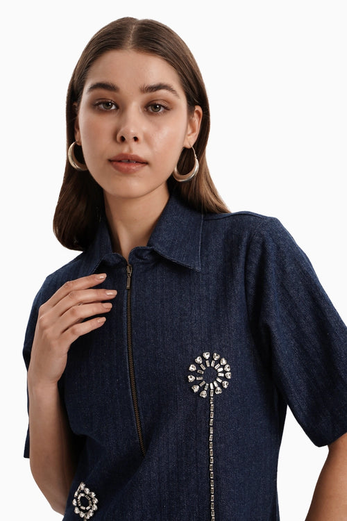 Dark Herringbone Flower Embellished Dress