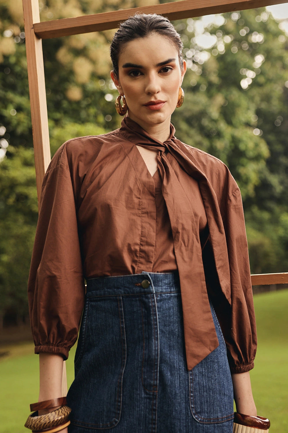 Greta Necktie Shirt with Denim Skirt
