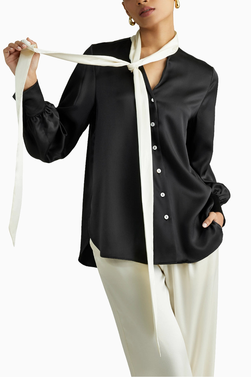 Black and Cream Silk Long-Sleeved Tie-Neck Top