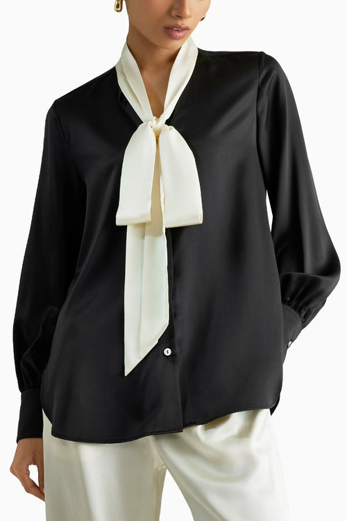 Black and Cream Silk Long-Sleeved Tie-Neck Top
