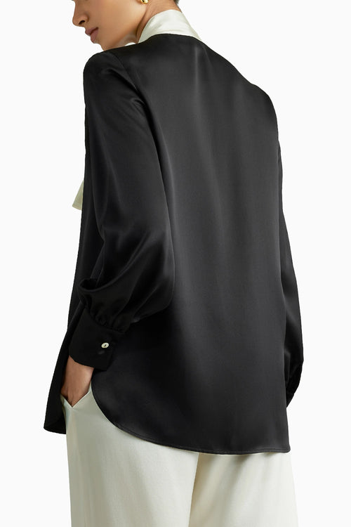 Black and Cream Silk Long-Sleeved Tie-Neck Top