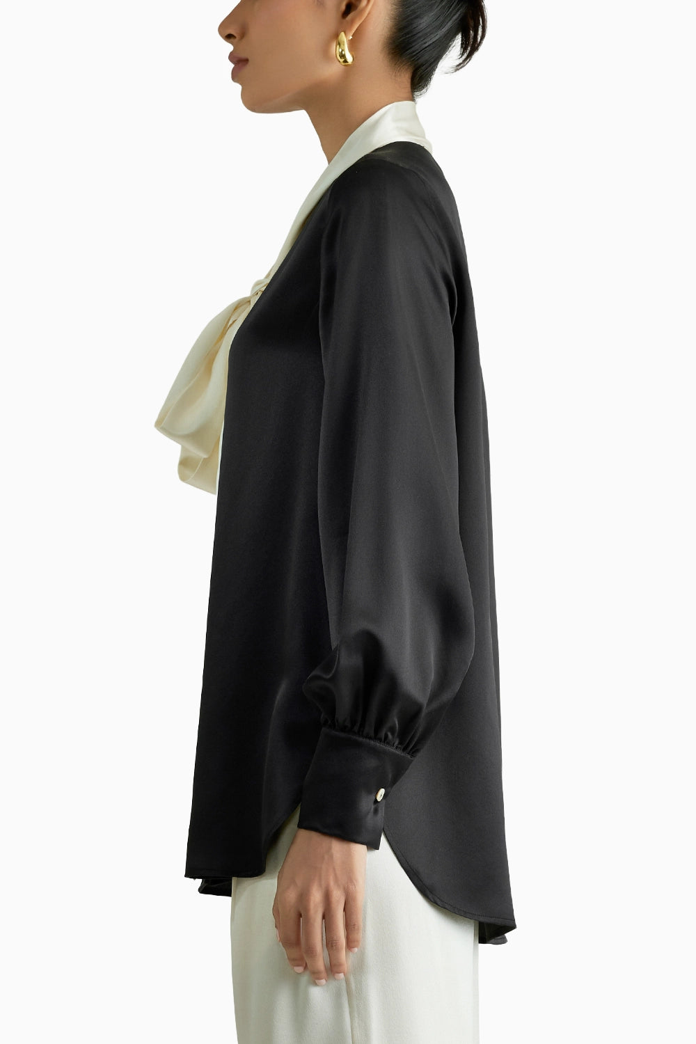 Black and Cream Silk Long-Sleeved Tie-Neck Top