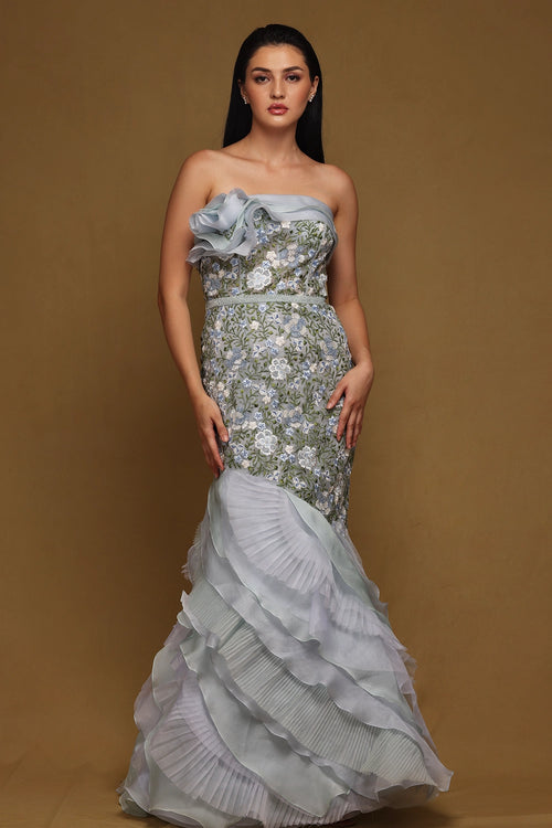 Textured Floral Gown with Belt