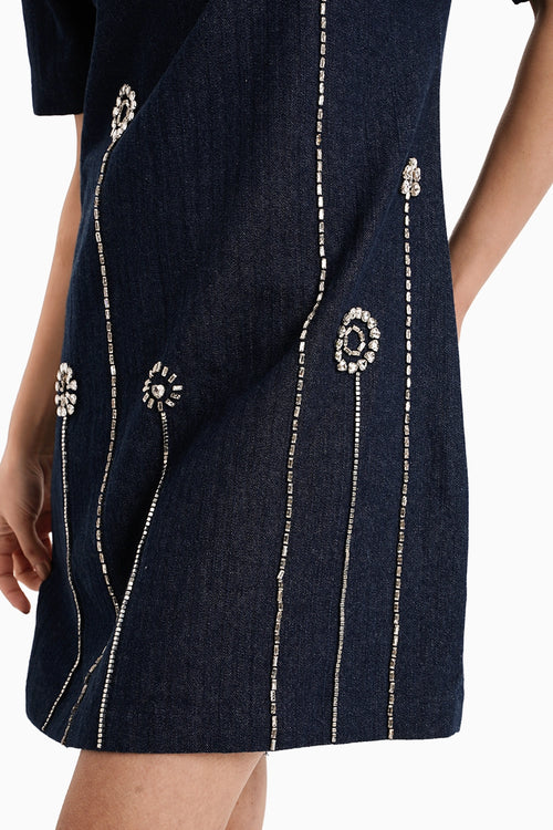 Dark Herringbone Flower Embellished Dress