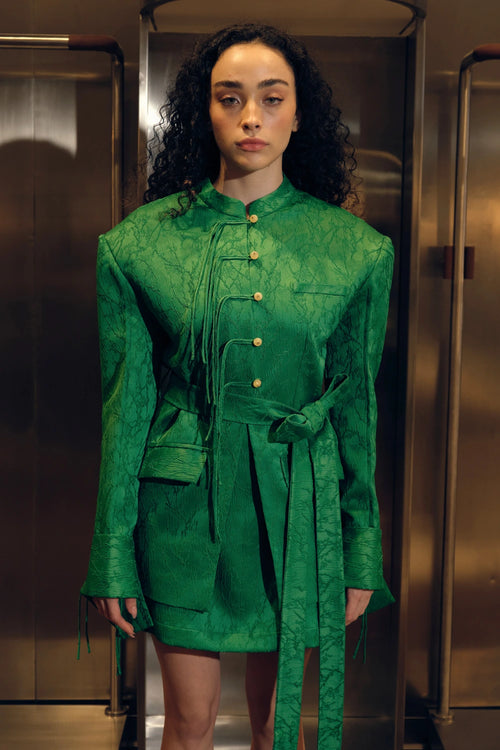 Emerald Green Jacquard Belted Jacket & Mini Skirt Set