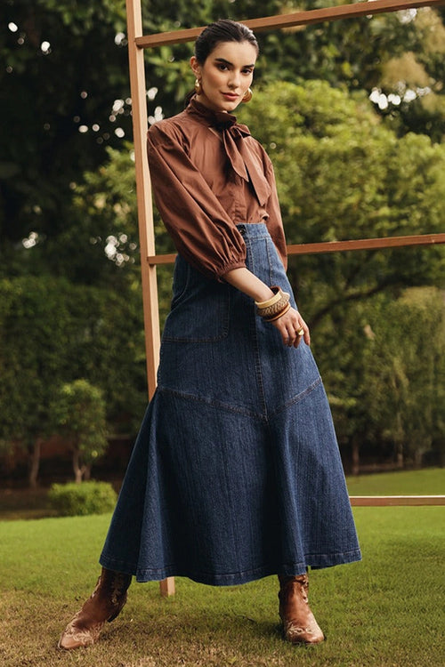 Greta Necktie Shirt with Denim Skirt