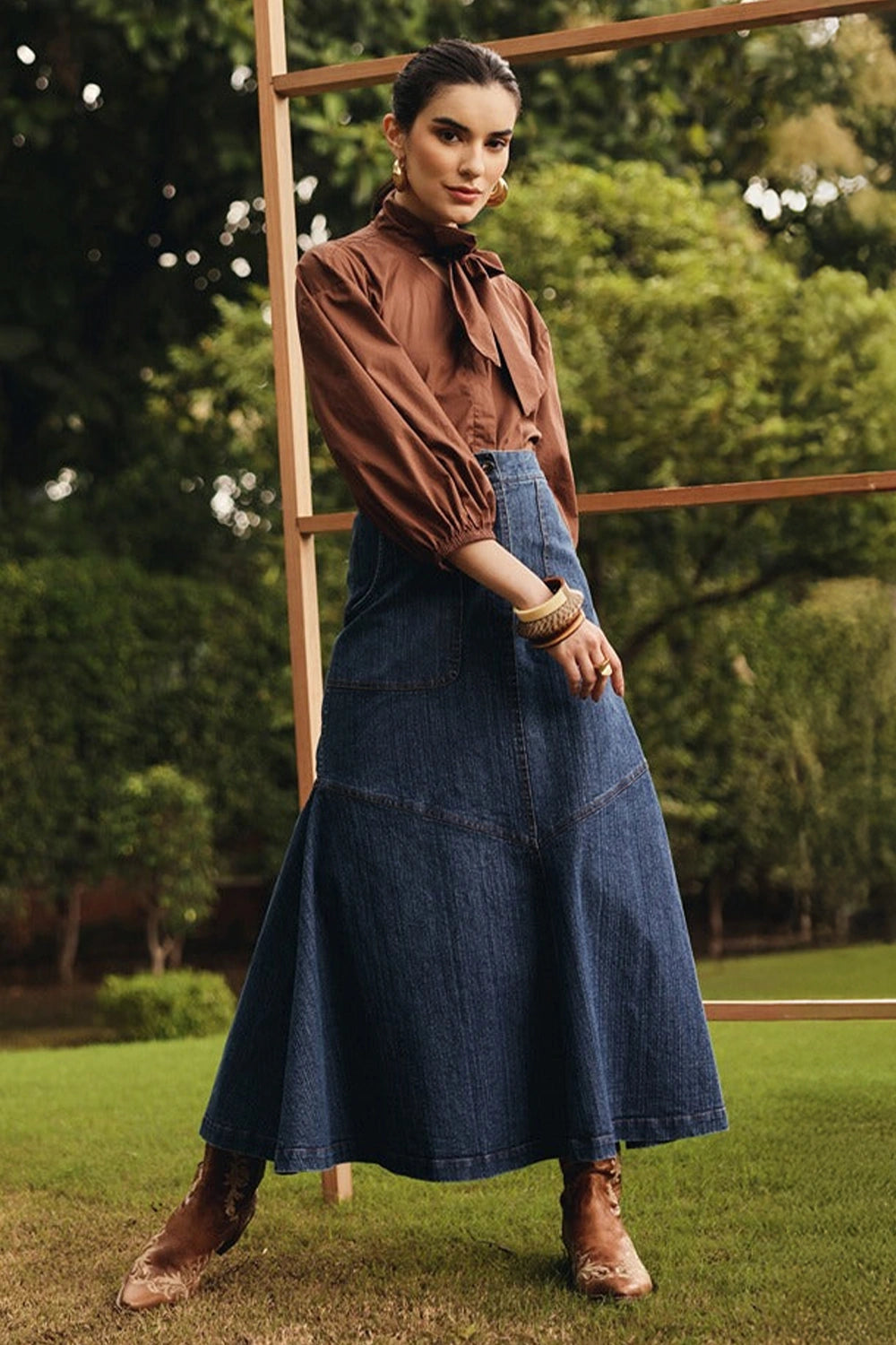 Greta Necktie Shirt with Denim Skirt