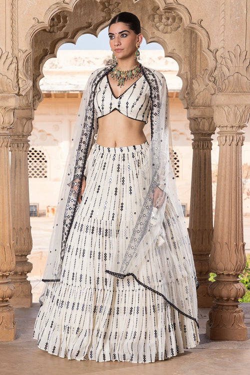 Black and White 2D-3D Lehenga with Embroidered Dupatta