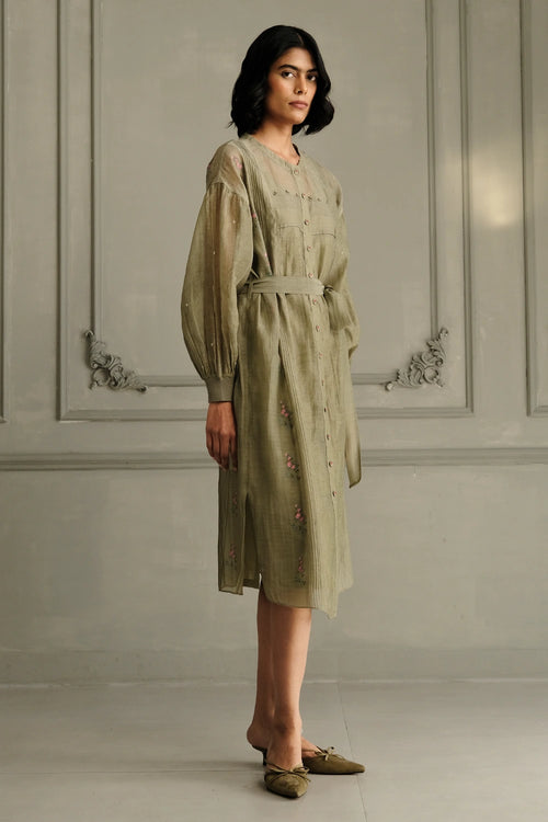 Sage Green Mul Chanderi Embroidered Belted Dress
