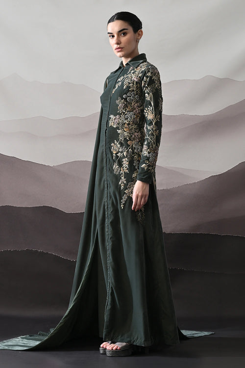 Deep Green Drape Gown With Asymmetrical Embroidery