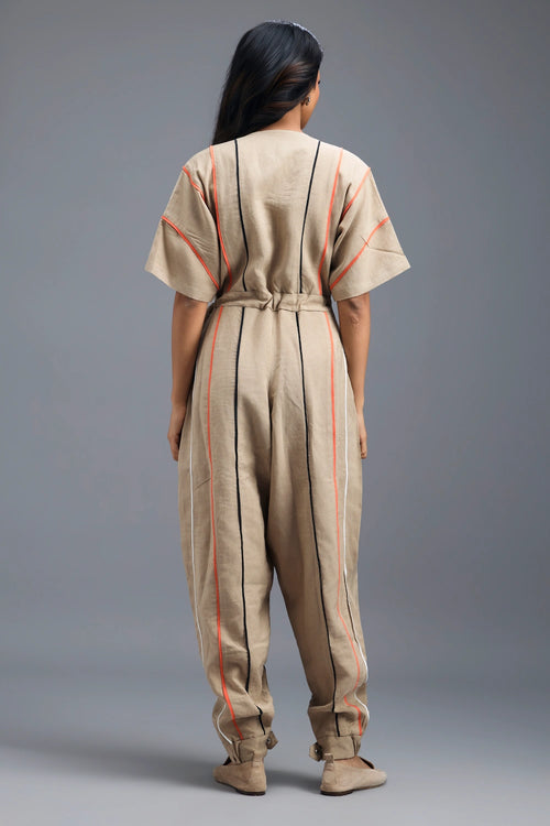 Beige Zip-Front Jumpsuit