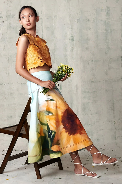 Sunflower Embroidered Top With Printed Skirt