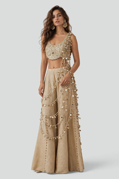 Off-White Organza Choli And Gold Sharara With Attached Dori Tassels
