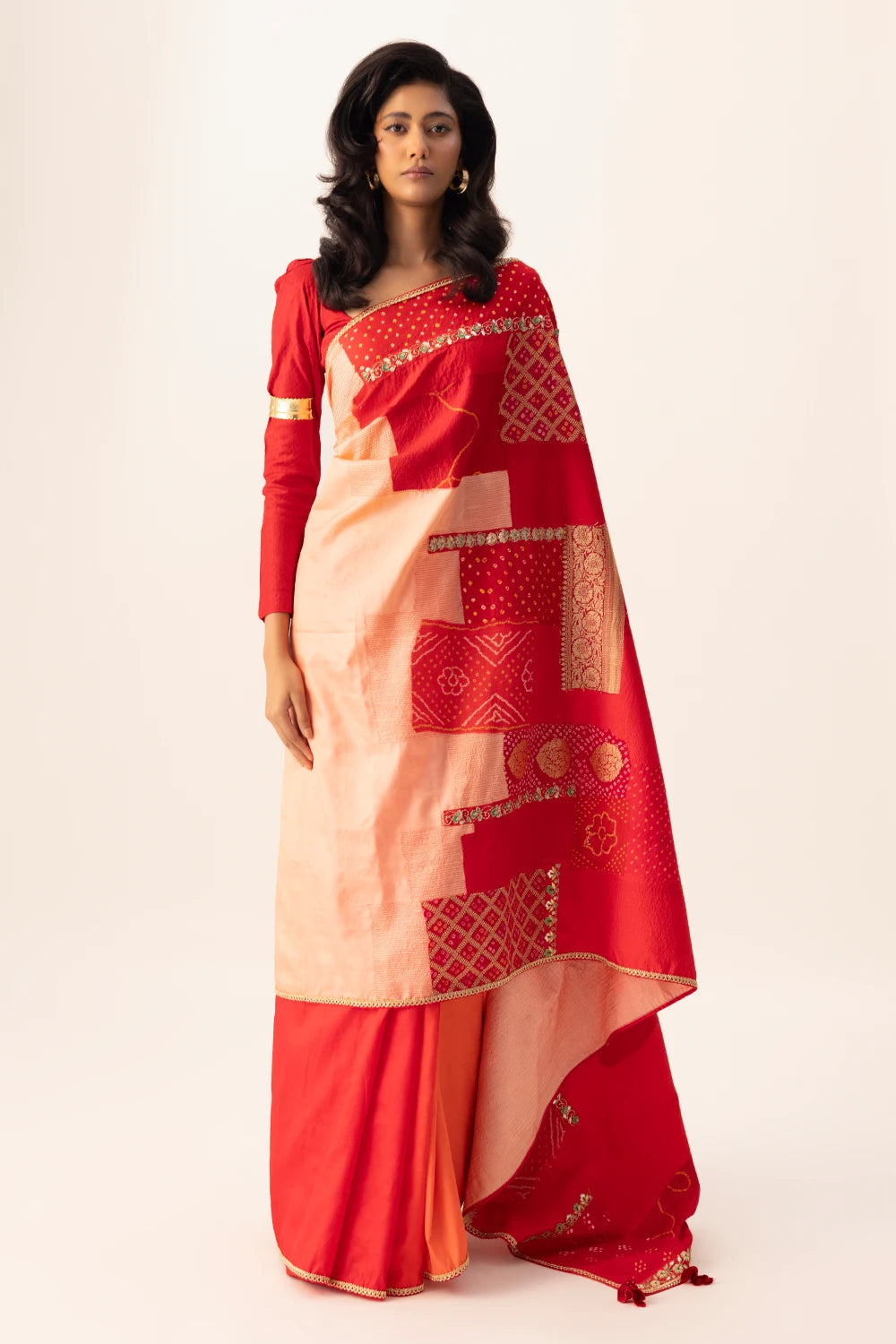 Red Bandhani Patchwork Saree