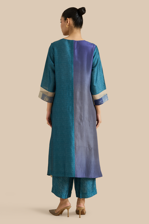 Firozi Grey Color Block Kurta Set