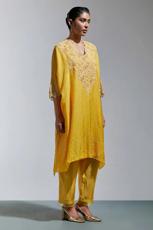 Amber Floral Threadwork Silk Kaftan Set