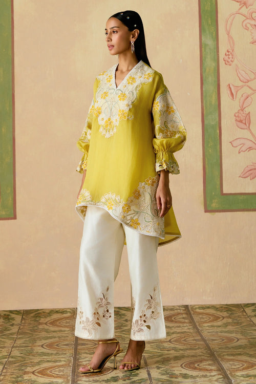 Yellow and Ivory Tunic with Sheer Applique Pants