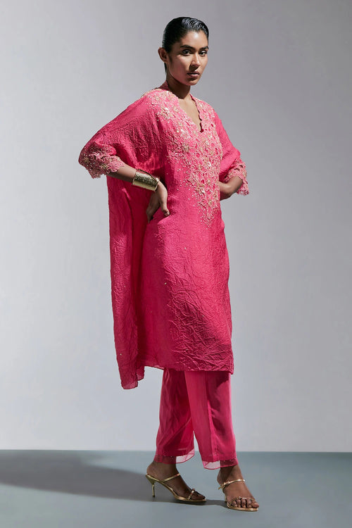 Raspberry Floral Threadwork Silk Kurta Set