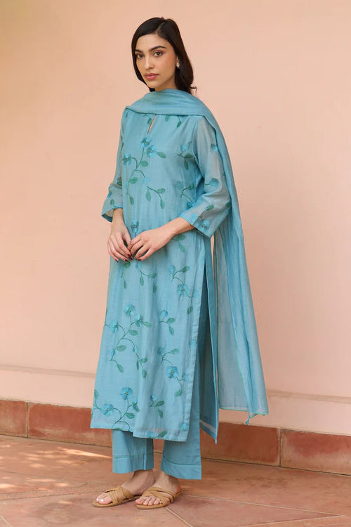 Powder Blue Embroidered Cotton Kurta Set