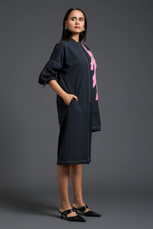 Black Oversized Floral Patch Shirt Dress