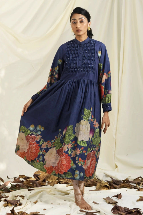 Blue & Green Poppy Bloom All Over Print Dress