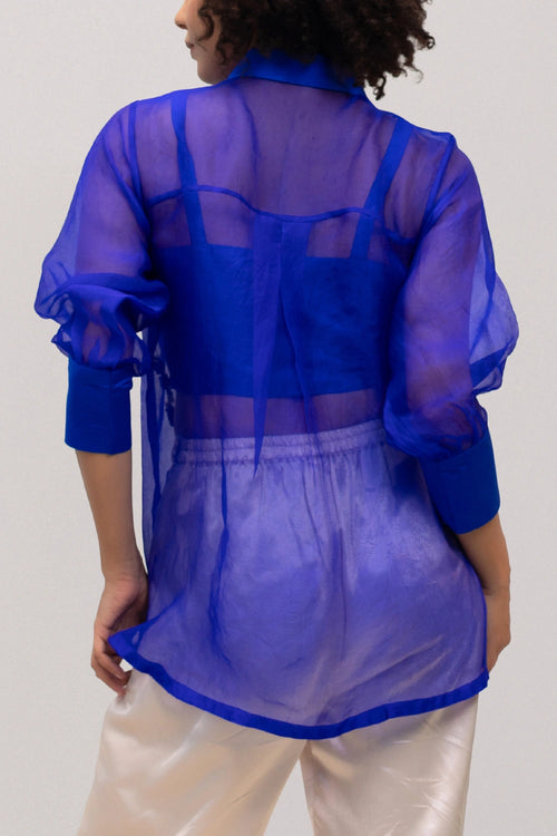 Eeda Blue Silk Organza Sequins Shirt