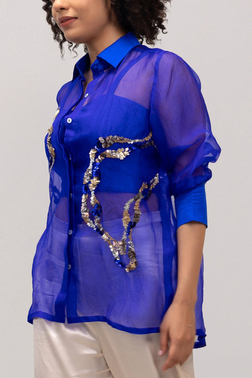 Eeda Blue Silk Organza Sequins Shirt