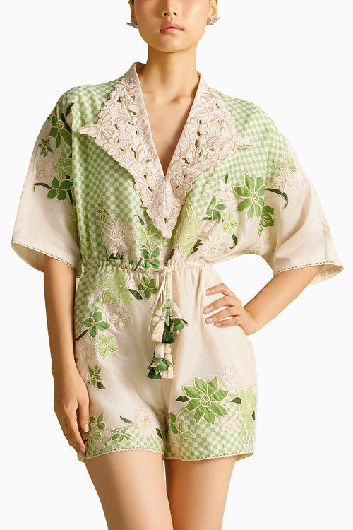 Ivory And Mint Checkered Embroidered Playsuit