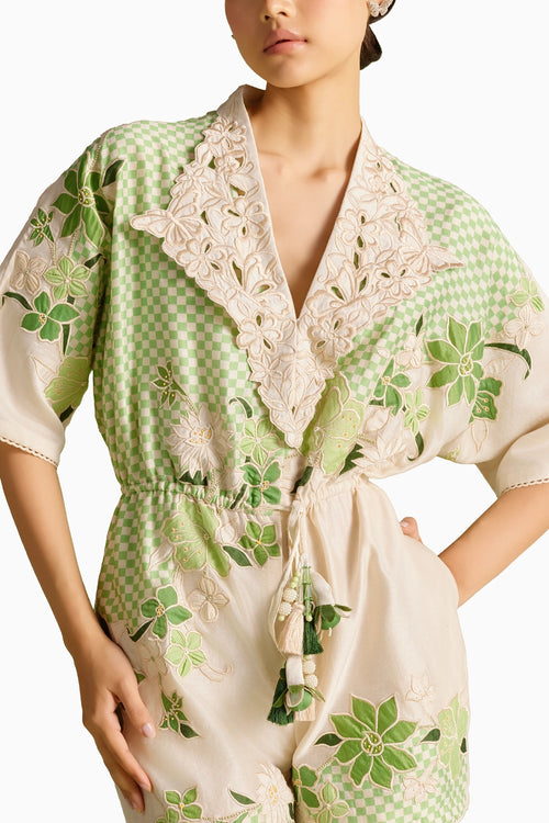 Ivory And Mint Checkered Embroidered Playsuit