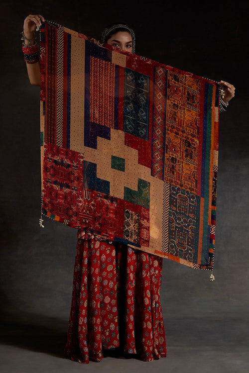 Akaar Mehru Embroidered Dress Set With Scarf