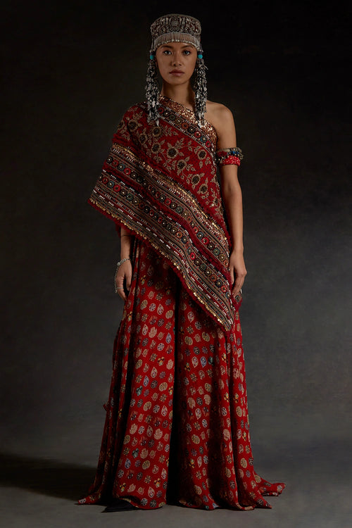 Red Akaar Rasa One Shoulder Top Set