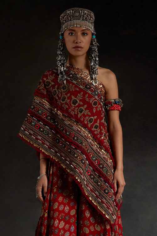 Red Akaar Rasa One Shoulder Top Set