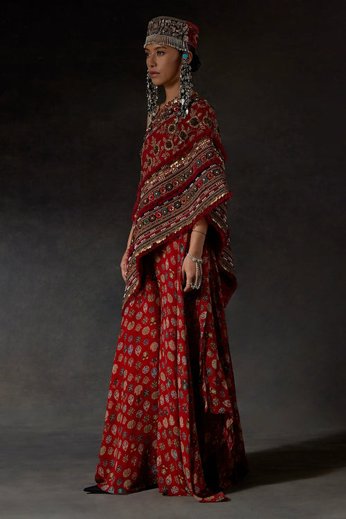 Red Akaar Rasa One Shoulder Top Set