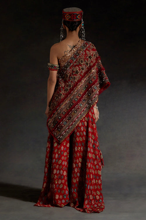 Red Akaar Rasa One Shoulder Top Set