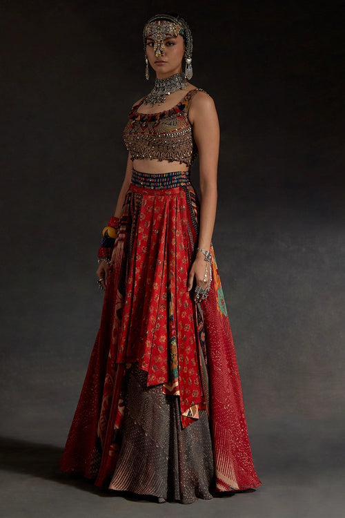 Red Akaar Kalpa Blouse Set With Dupatta