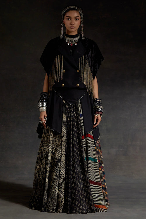 Akaar Zoa Cropped Trench And Skirt Set With Blouse