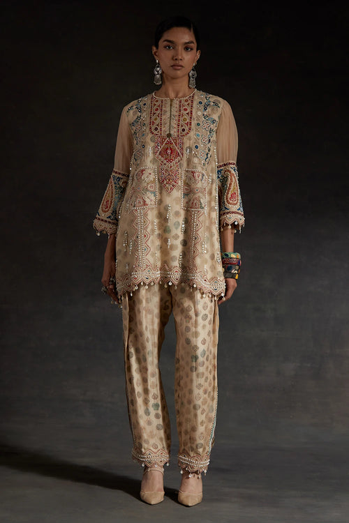Ecru Kora Printed Silk Mitra Short Kurta With Trousers