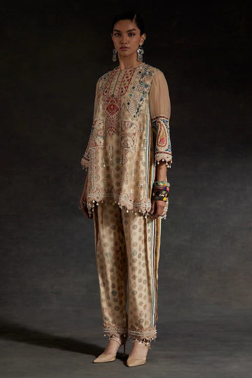 Ecru Kora Printed Silk Mitra Short Kurta With Trousers