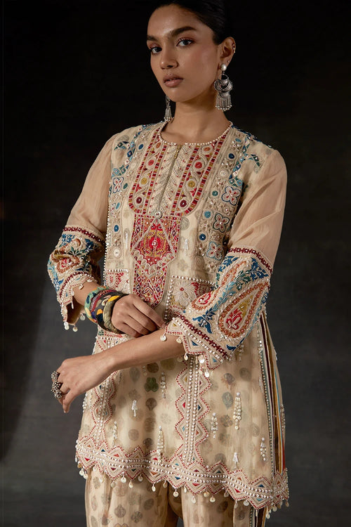 Ecru Kora Printed Silk Mitra Short Kurta With Trousers