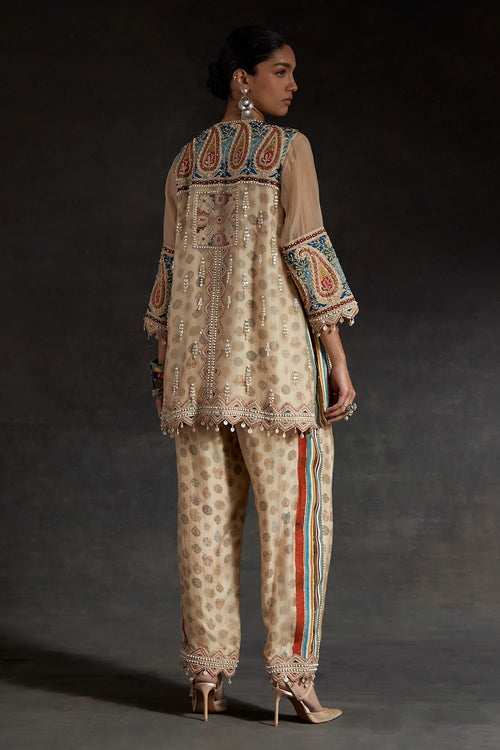 Ecru Kora Printed Silk Mitra Short Kurta With Trousers