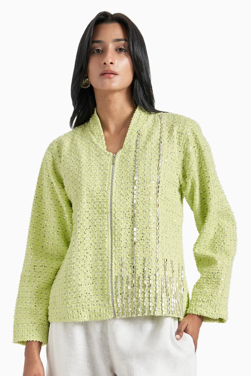 Lime Green Denim Lazercut Sequins Jacket