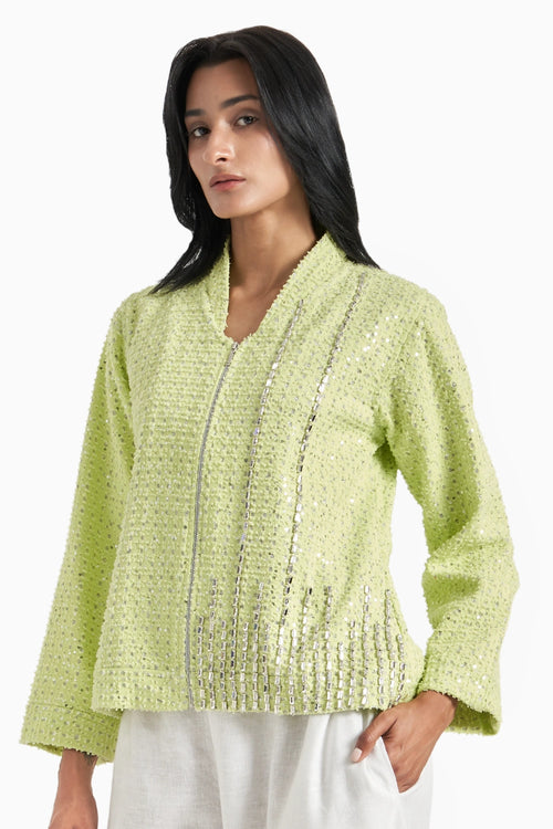 Lime Green Denim Lazercut Sequins Jacket