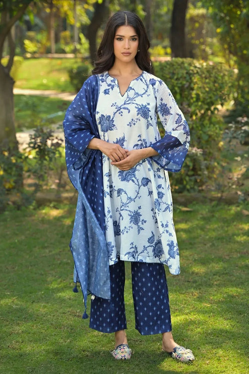 Blue Cotton Chanderi Kurta Set