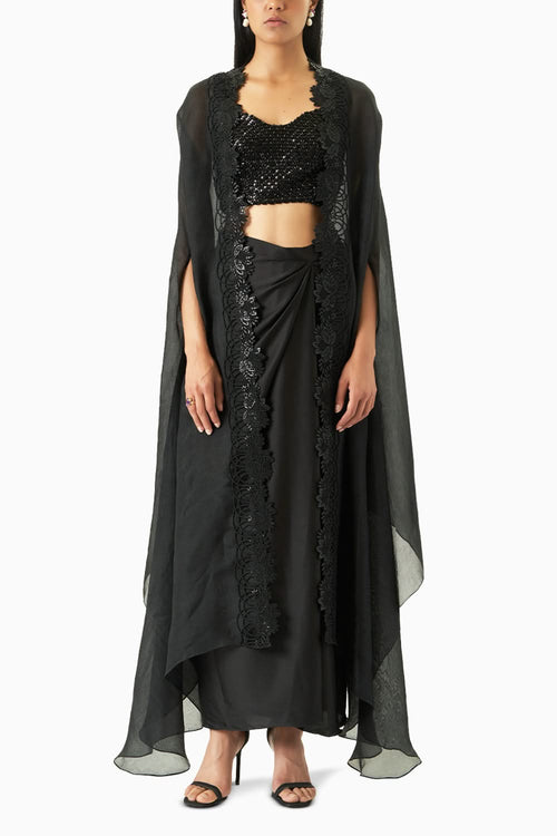 Keera Sequins Black Cape Set