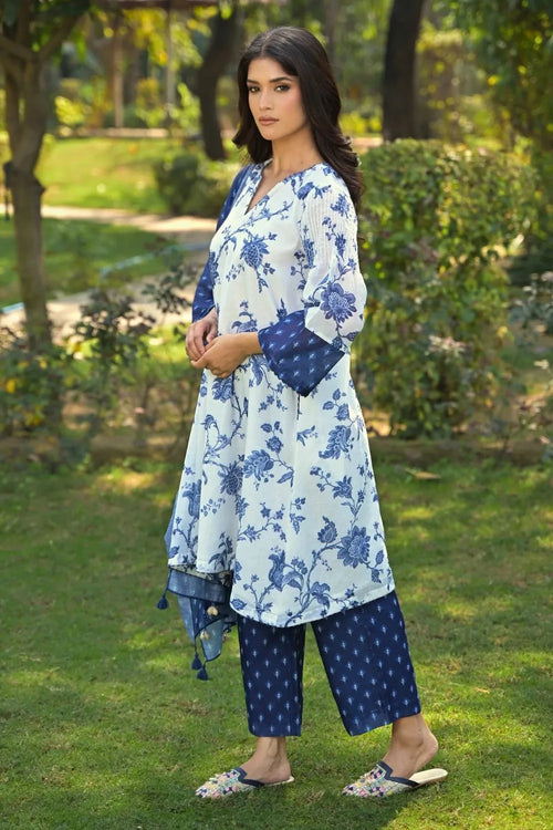 Blue Cotton Chanderi Kurta Set