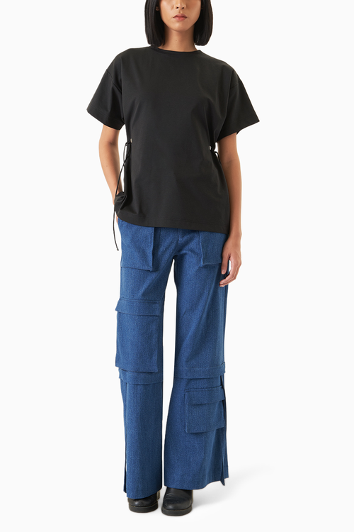 Black Side Eyelet T-Shirt with Blue Cargo