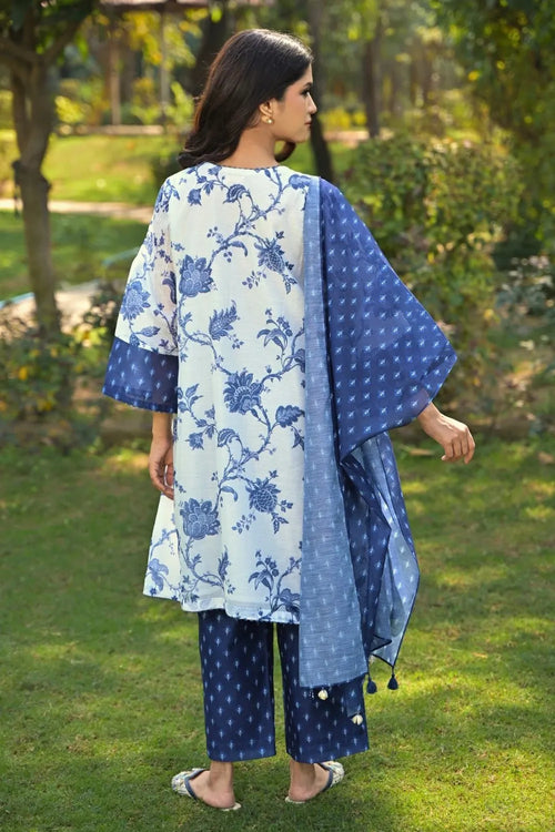 Blue Cotton Chanderi Kurta Set